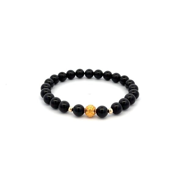 18K Gold Money Ball Lucky Charm Bracelet Gemstones Black Natural Tourmaline 6mm - Picture 1 of 5